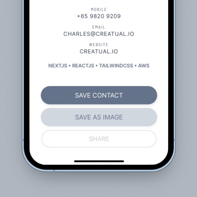 Allows your user to save contact directly to their phonebook. Save card as an image to their photo album. Share card via social media or messaging apps.
